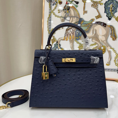 Deep Midnight Navy Dotted Embossed Sharp Lined Trapezoid Handbag With Pale Contrast Stitching And Luminous Golden Twist Lock Hardware Shoulder Bag