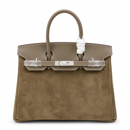 Warm Taupe Dual Texture Medium Structured Trapezoid Tote With Muted Grey Overlay And Polished Silvery Twist Lock Hardware Detail