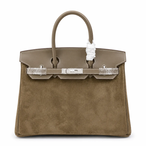 Warm Taupe Dual Texture Medium Structured Trapezoid Tote With Muted Grey Overlay And Polished Silvery Twist Lock Hardware Detail