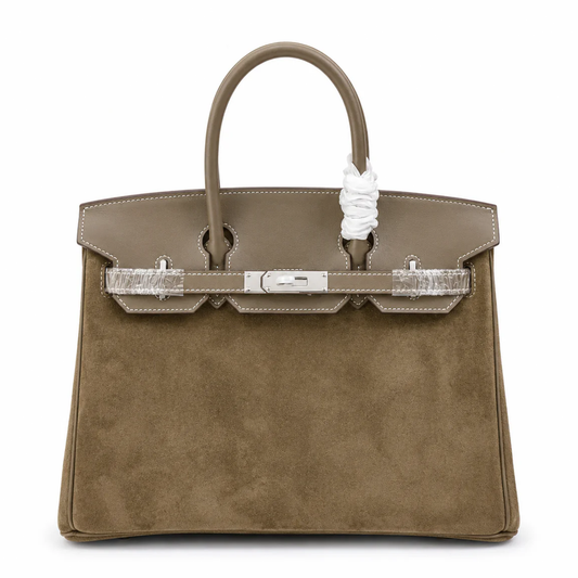 Warm Taupe Dual Texture Medium Structured Trapezoid Tote With Muted Grey Overlay And Polished Silvery Twist Lock Hardware Detail