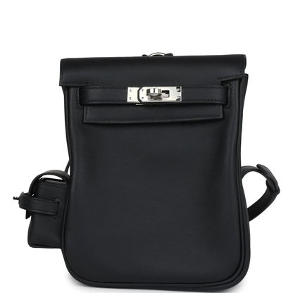 Sleek Solid Black Compact Vertical Flap Backpack With Side Mini Pouch And Polished Silvery Twist Lock Hardware Accent