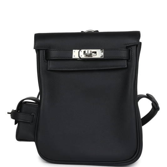 Sleek Solid Black Compact Vertical Flap Backpack With Side Mini Pouch And Polished Silvery Twist Lock Hardware Accent