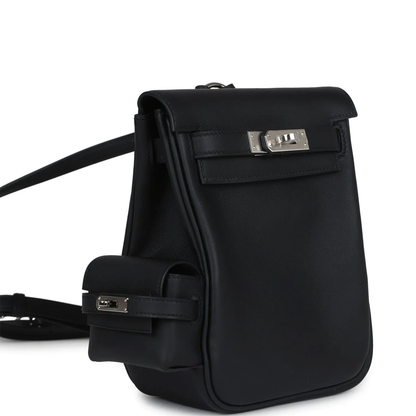 Sleek Solid Black Compact Vertical Flap Backpack With Side Mini Pouch And Polished Silvery Twist Lock Hardware Accent