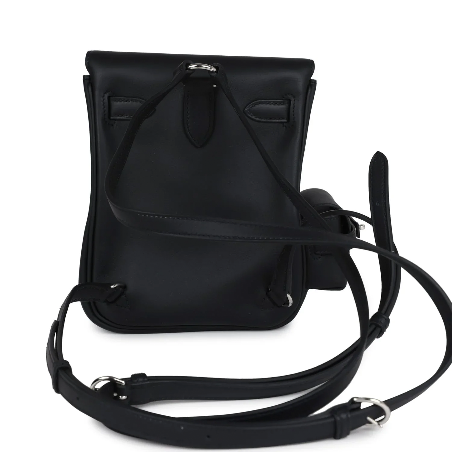 Sleek Solid Black Compact Vertical Flap Backpack With Side Mini Pouch And Polished Silvery Twist Lock Hardware Accent