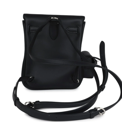 Sleek Solid Black Compact Vertical Flap Backpack With Side Mini Pouch And Polished Silvery Twist Lock Hardware Accent