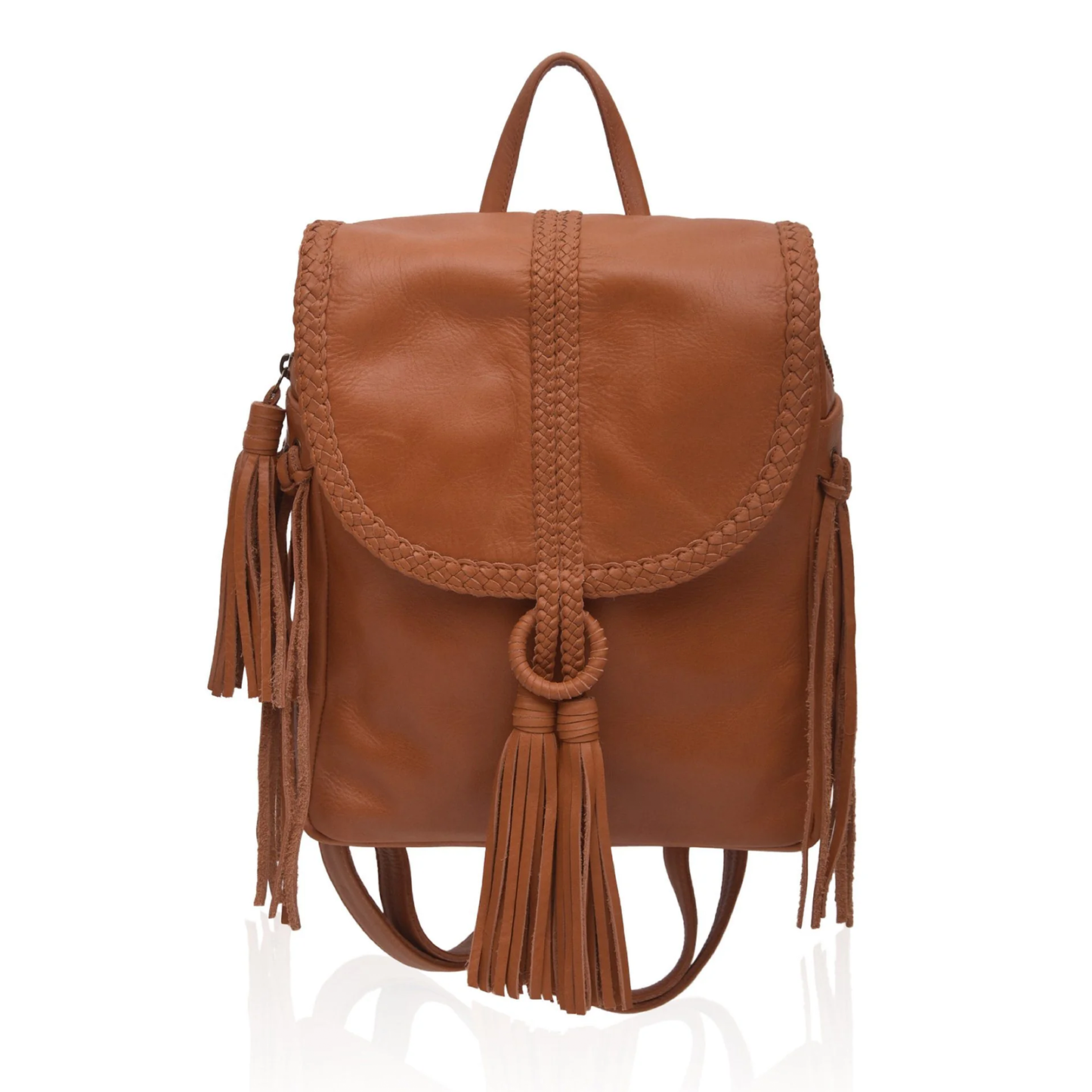 Warm Tan Fold Over Bohemian Backpack With Woven Flap Trim And Flowing Decorative Side Tassel Details