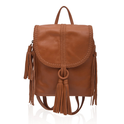 Warm Tan Fold Over Bohemian Backpack With Woven Flap Trim And Flowing Decorative Side Tassel Details