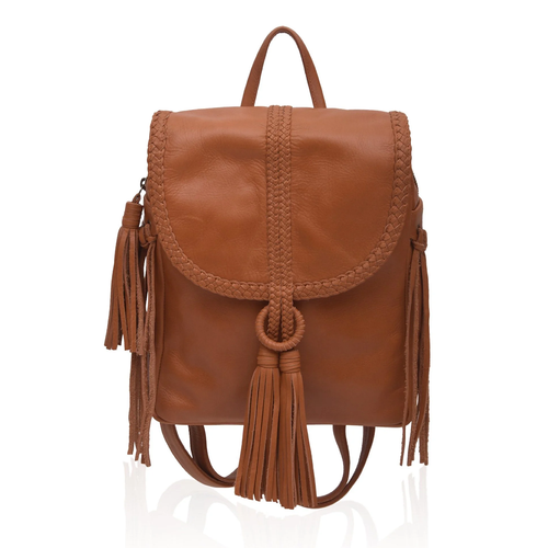 Warm Tan Fold Over Bohemian Backpack With Woven Flap Trim And Flowing Decorative Side Tassel Details