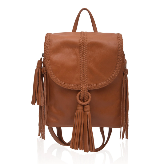 Warm Tan Fold Over Bohemian Backpack With Woven Flap Trim And Flowing Decorative Side Tassel Details