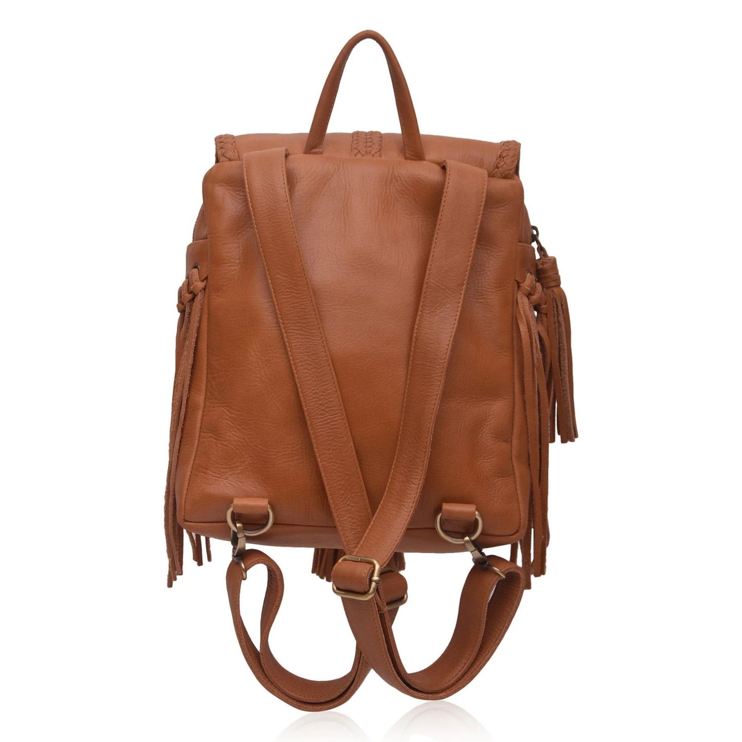Warm Tan Fold Over Bohemian Backpack With Woven Flap Trim And Flowing Decorative Side Tassel Details