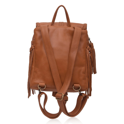 Warm Tan Fold Over Bohemian Backpack With Woven Flap Trim And Flowing Decorative Side Tassel Details