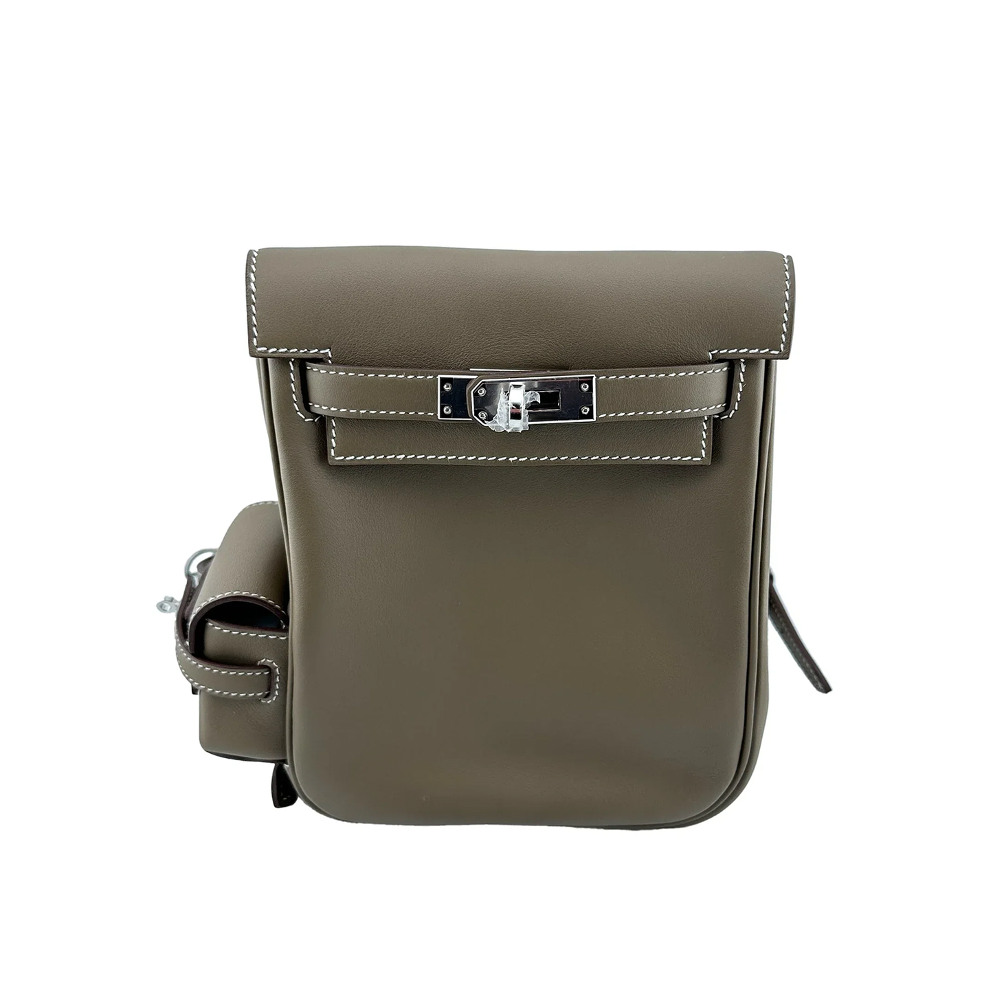 Muted Elephant Grey Vertical Flap Backpack With Pale Contrast Stitching And Side Matching Mini Accessory Pouch