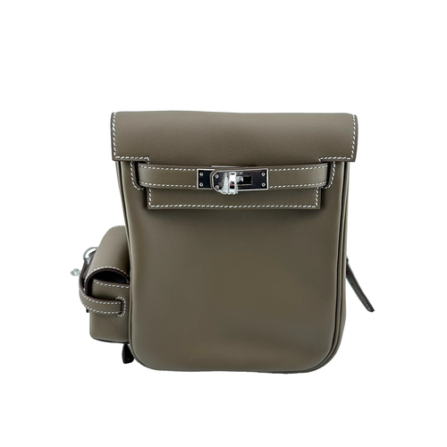 Muted Elephant Grey Vertical Flap Backpack With Pale Contrast Stitching And Side Matching Mini Accessory Pouch