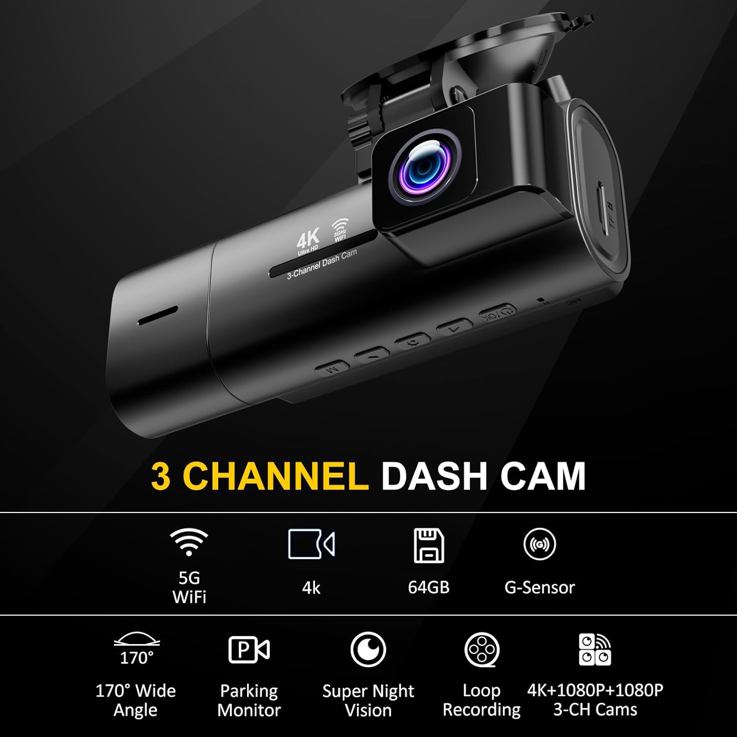 4K Dash Cam Front and Rear Inside,3.16" IPS,3 Channel Dash Cam for Car with 5G WiFi