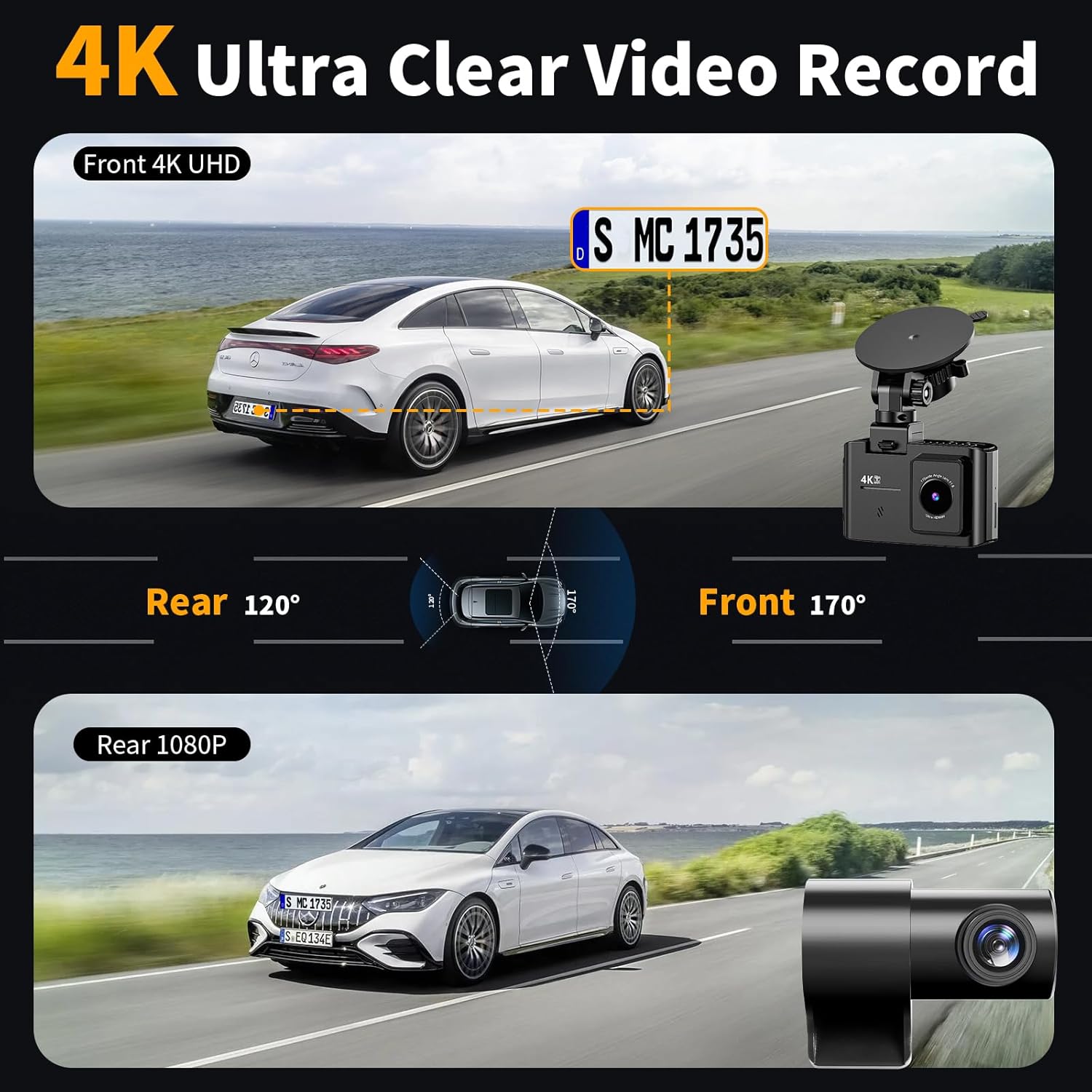 Dash Cam Front and Rear: 4K Dual Channel Dash Cam - 5GHz WiFi, Dash Camera for Cars with 64GB Card, 2" IPS, App Control, G-Sensor, Loop Recording