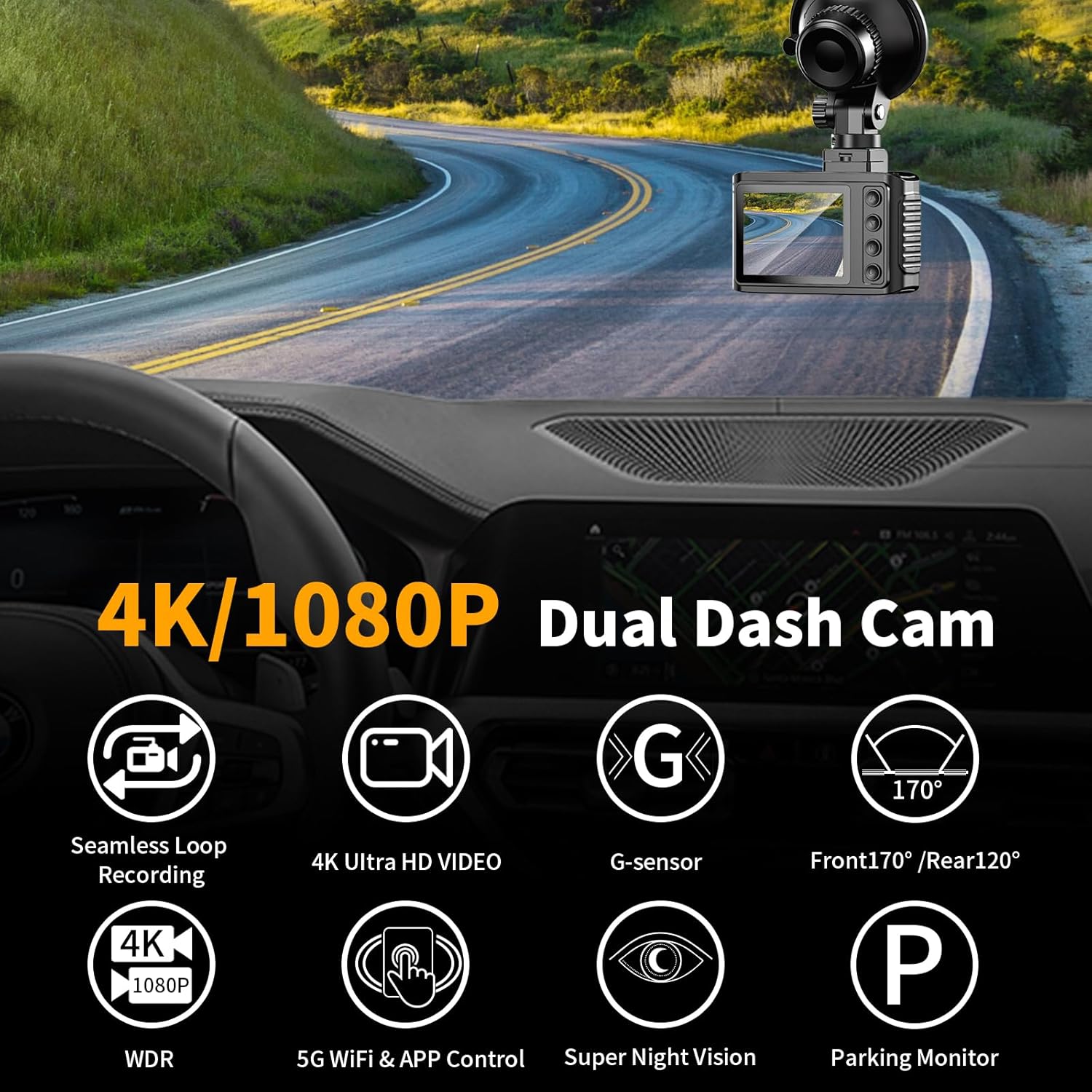Dash Cam Front and Rear: 4K Dual Channel Dash Cam - 5GHz WiFi, Dash Camera for Cars with 64GB Card, 2" IPS, App Control, G-Sensor, Loop Recording