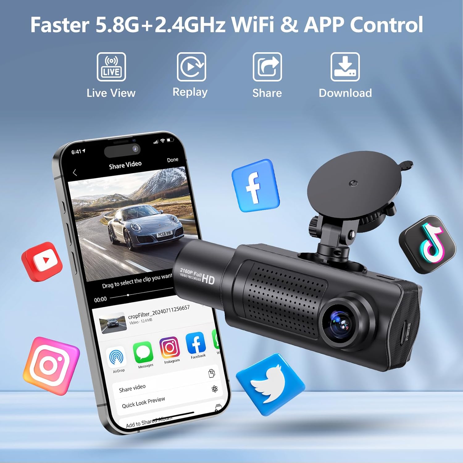 4K+1080P+1080P 5.8GHz WiFi Dash Cam Front and Rear Inside, Free 64G SD Card, 4K UHD 3 Channel Dash Camera for Cars