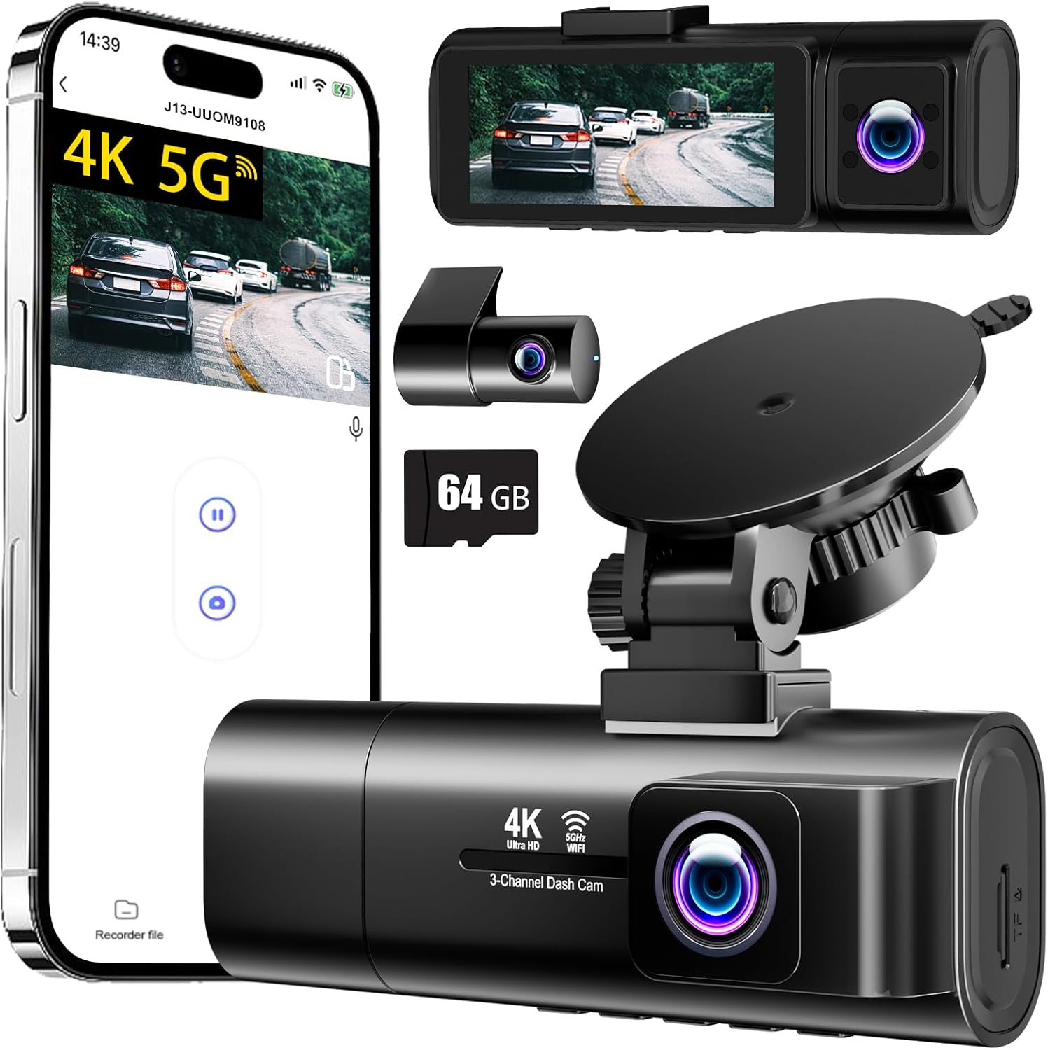 4K Dash Cam Front and Rear Inside,3.16" IPS,3 Channel Dash Cam for Car with 5G WiFi