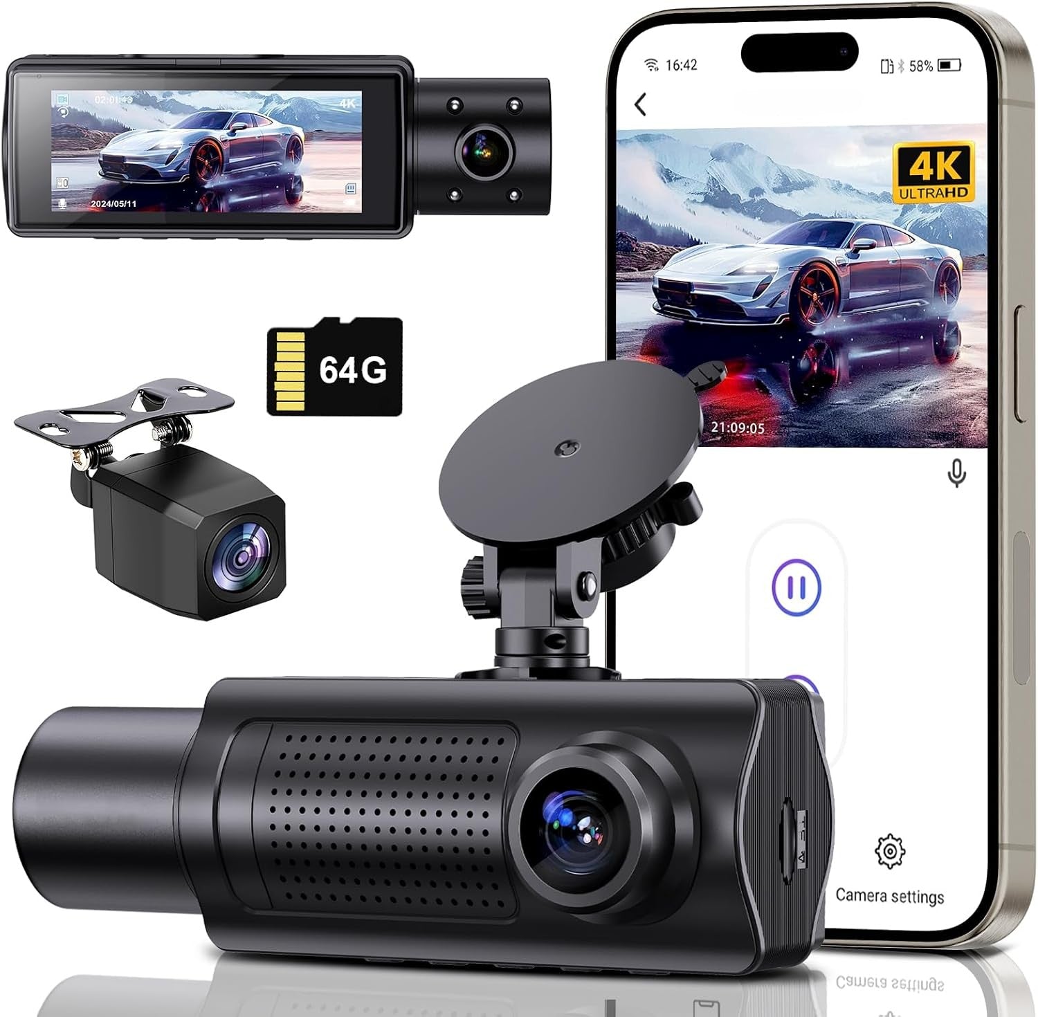 4K+1080P+1080P 5.8GHz WiFi Dash Cam Front and Rear Inside, Free 64G SD Card, 4K UHD 3 Channel Dash Camera for Cars