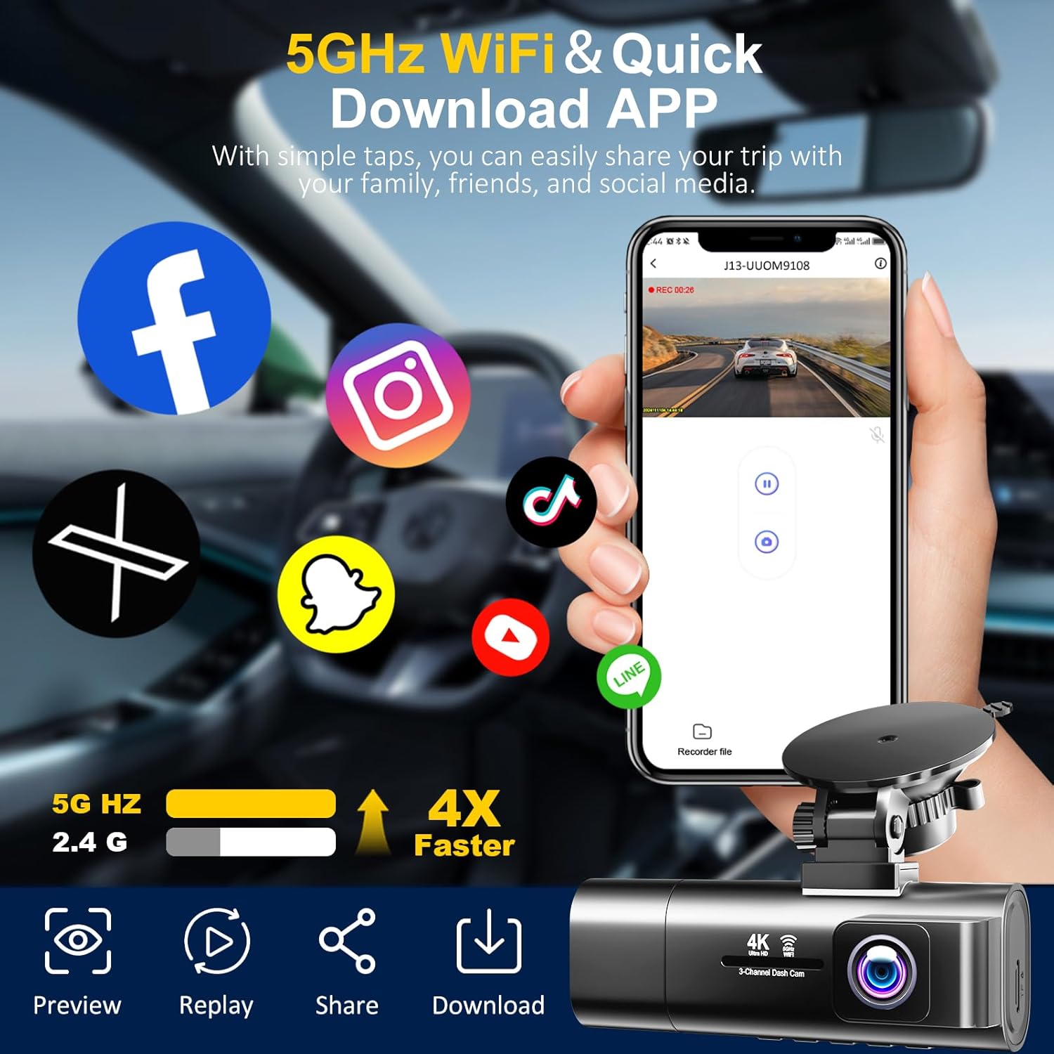 4K Dash Cam Front and Rear Inside,3.16" IPS,3 Channel Dash Cam for Car with 5G WiFi