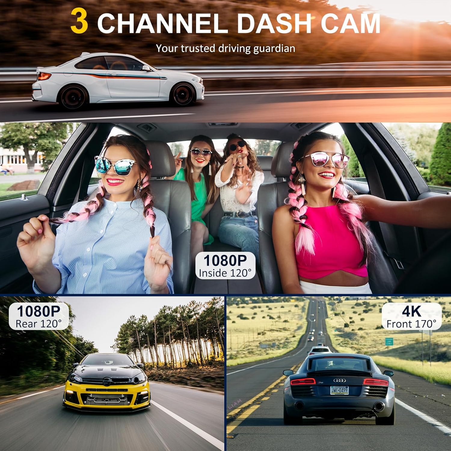 4K Dash Cam Front and Rear Inside,3.16" IPS,3 Channel Dash Cam for Car with 5G WiFi